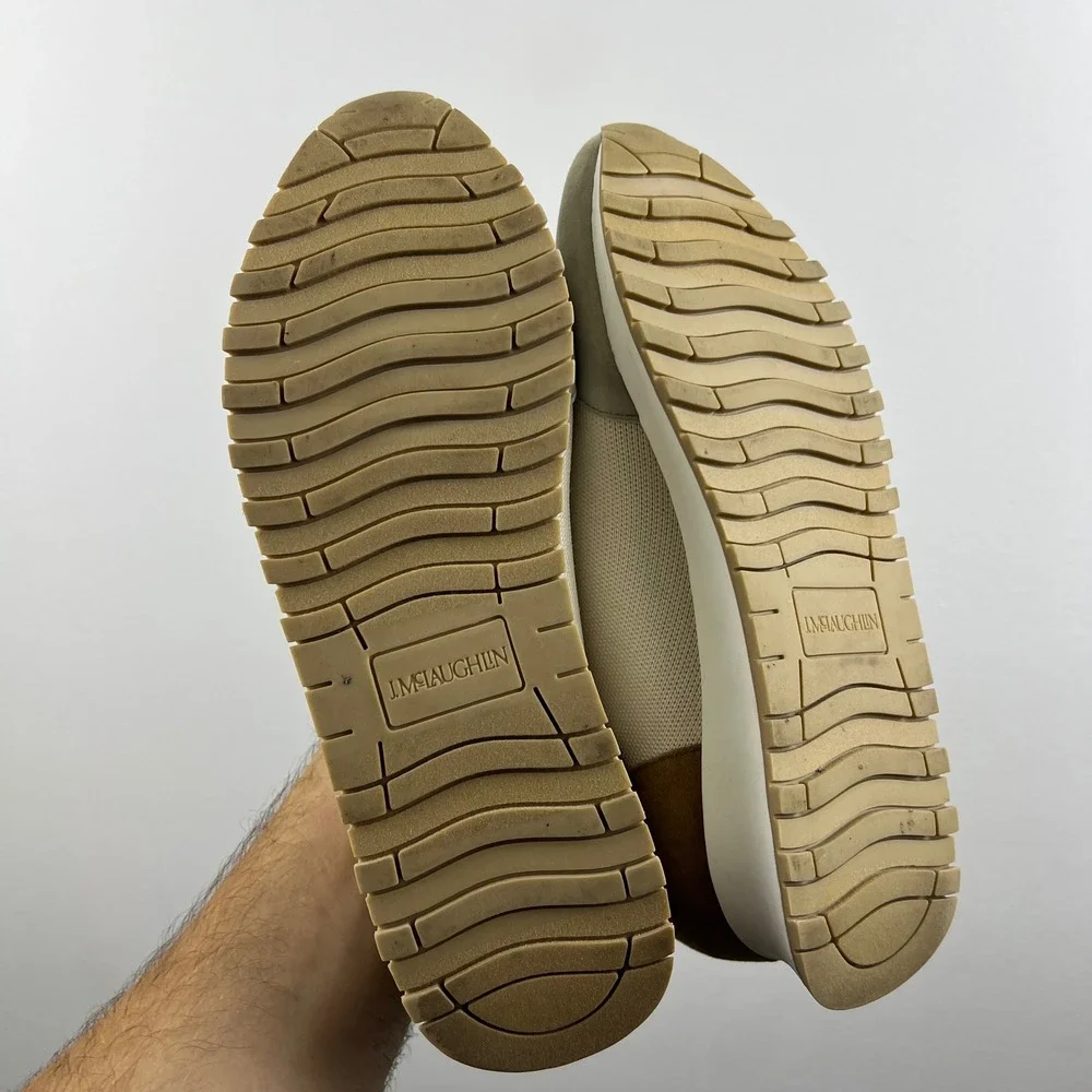 J.McLaughlin Dash Sneakers 7M Tan Grey Knit Suede Low Top Trainers Excellent
